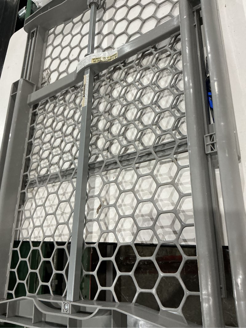 Condition photo showing As Is for regalo expandable plastic baby gate 42-in x 23-in pressure mounted gray plastic safety gate