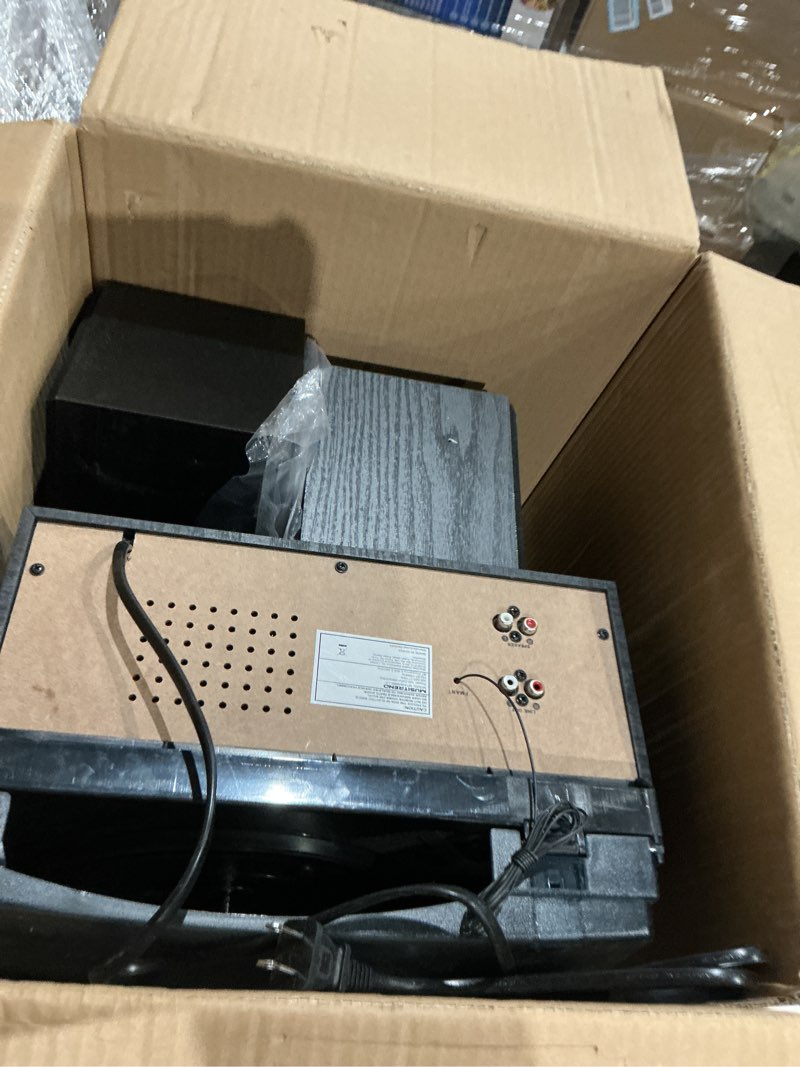 Condition photo showing As Is for 10 in 1 vintage record player, 3 speed turntable with 2 external speakers, wireless bluetooth, cd cassette player, usb sd mmc, am fm radio with remote control