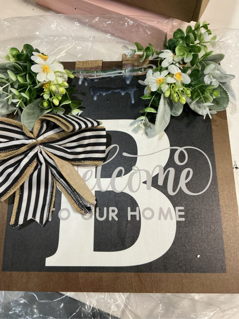 Condition photo showing As Is for last name all year round front door wreath with 26 initial letter welcome sign all seasons eucalyptus garland and bow ?farmhouse, porch, for spring summer fall all seasons holiday halloween christmas. (b)