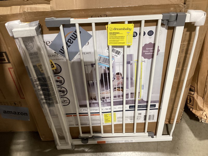 Condition photo showing As Is for dreambaby liberty walk thru baby safety gate set - with 3.5inch extension panel - fits 29.5-36.5inch openings - pressure mounted security gates - white