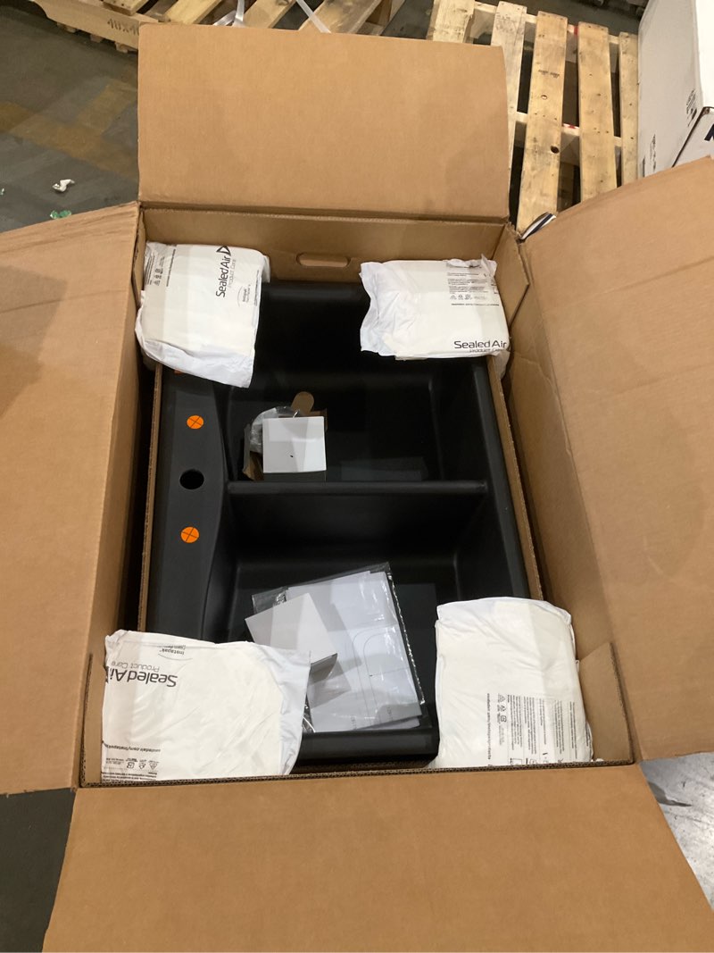 Condition photo showing As Is for incomplete, missing faucet, kohler ealing all-in-one drop-in or undermount 33-in x 22-in composite double equal bowl workstation kitchen sink all-in-one kit