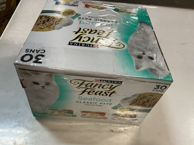 Condition photo showing New/Like New for (Best By:MAY/2027) Purina Fancy Feast Seafood Classic Pate Collection Grain Free Wet Cat Food Variety Pack - (Pack of 30) 3 oz. Cans