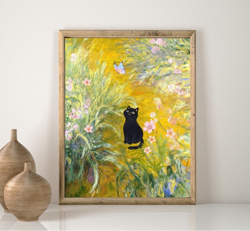 Monet Black Cat Art Print: Irises Garden, Funny Cat Poster (Digital Download)