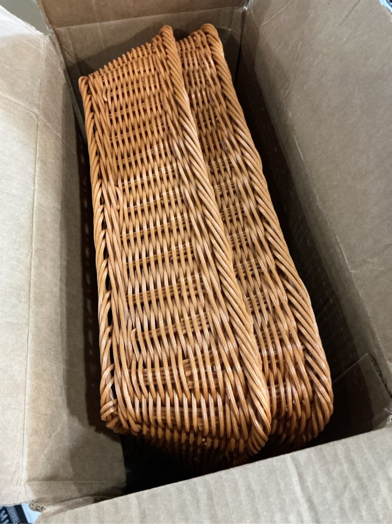 Condition photo showing Good Condition for yarlung 2 pack woven bread basket, plastic wicker fruit baskets 15.7 x 11.4 inch, imitation rattan food serving trays for vegetables, kitchen, restaurant, outdoor, brown