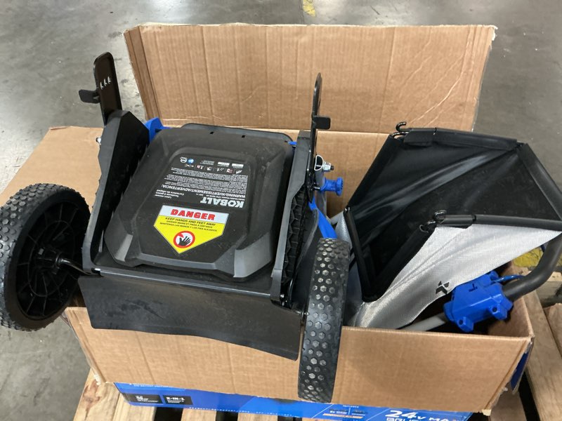 Condition photo showing As Is for kobalt 24-volt, 16-in push battery walk mower 