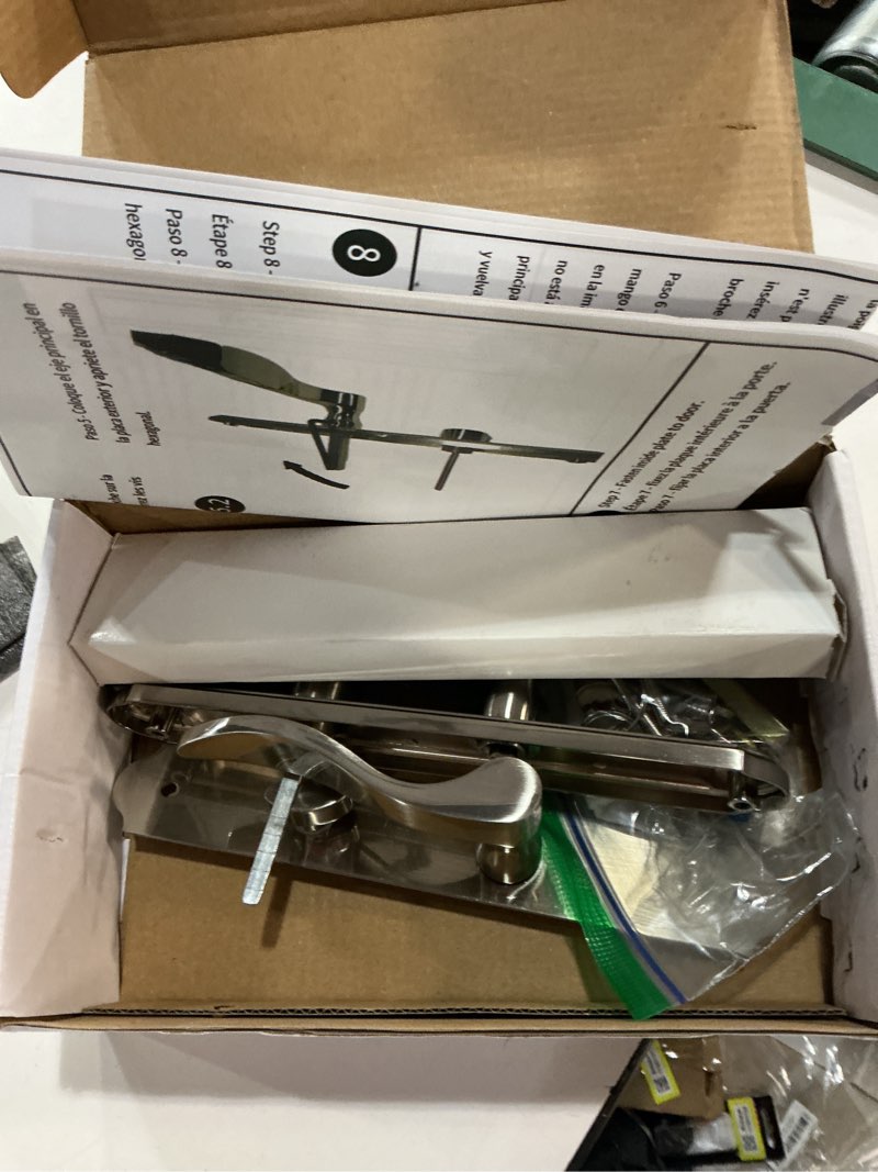 Condition photo showing As Is for maxxgeek flat slot storm door handle complete set, mortise keyed lever mount latch with deadbolt for screen and storm doors (brushed nickel) brushed nickel handle set