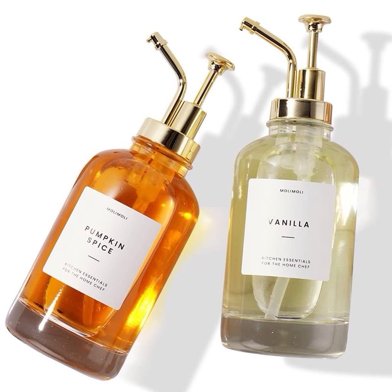 molimoli syrup dispenser for coffee bars, glass syrup bottle w. pump, 16.9 oz 500 ml, set of 2, gold upgraded dispenser