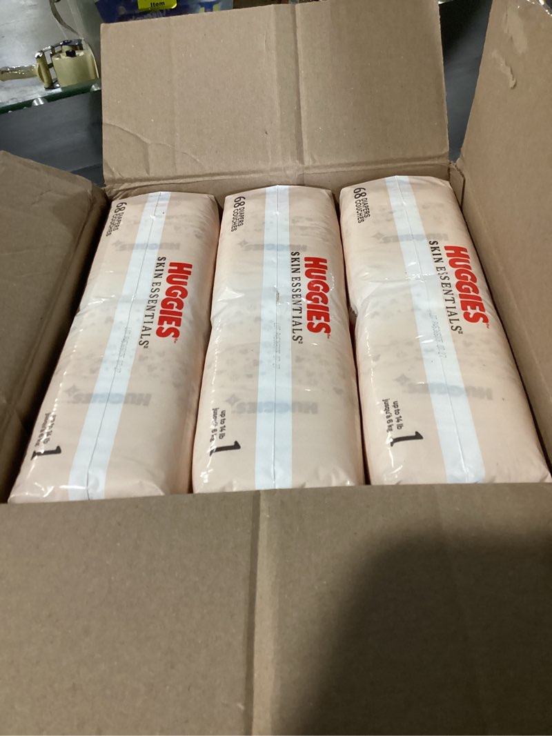 Condition photo showing New/Like New for huggies size 1 diapers, skin essentials baby diapers, size 1 (8-14 lbs), 204 count (3 packs of 68), packaging may vary size 1 204