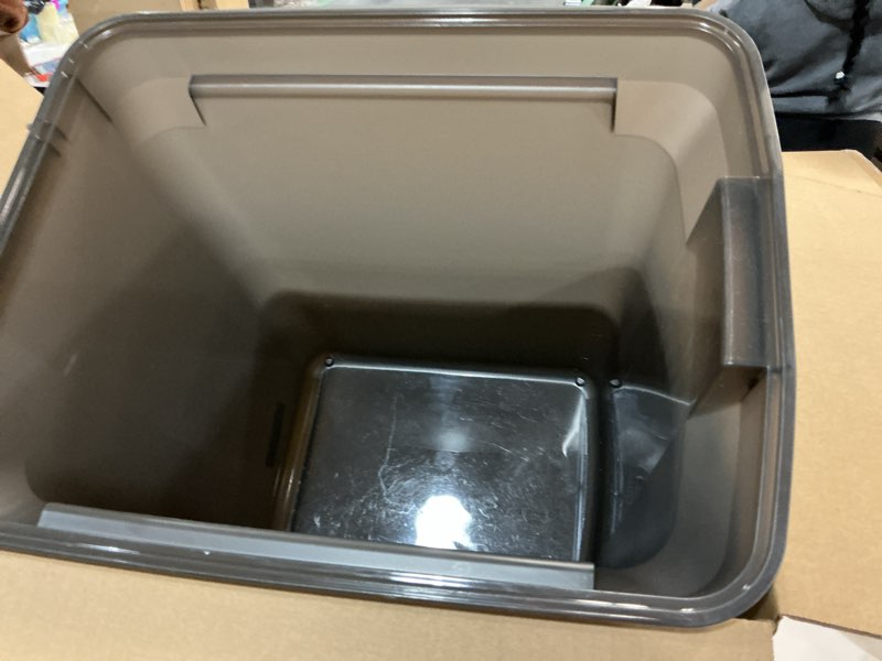 Condition photo showing As Is for IRIS USA 58 Lbs / 67 Qt WeatherPro Airtight Pet Food Storage Container with Attachable Casters, For Dog Cat Bird and Other Pet Food Storage Bin, Keep Fresh, Easy Mobility, BPA Free, Smoke 58 lbs Smoke
