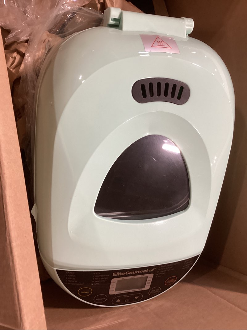 Condition photo showing As Is for Elite Gourmet Programmable Bread Maker, 2 lb Loaf, 3 Sizes, 19 Presets incl. Gluten-Free, Dough & Jam, Delay Timer, Mint