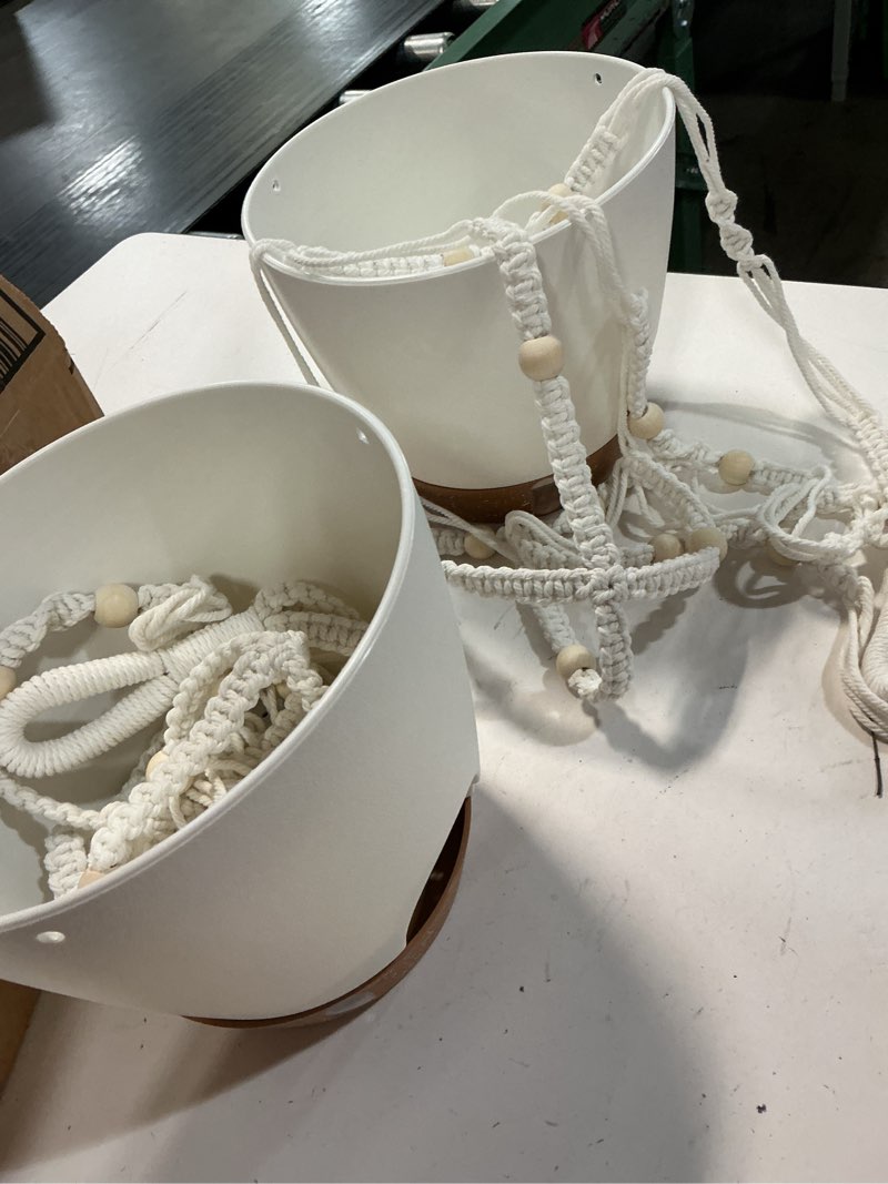 Condition photo showing As Is for hanging planter for indoor plants 8 inch, 2 pack hanging baskets for plants, self watering hanging flower pots with drainage hole & 2 kinds of plant hangers for garden home decor (white, 8 inch) 8 inch white