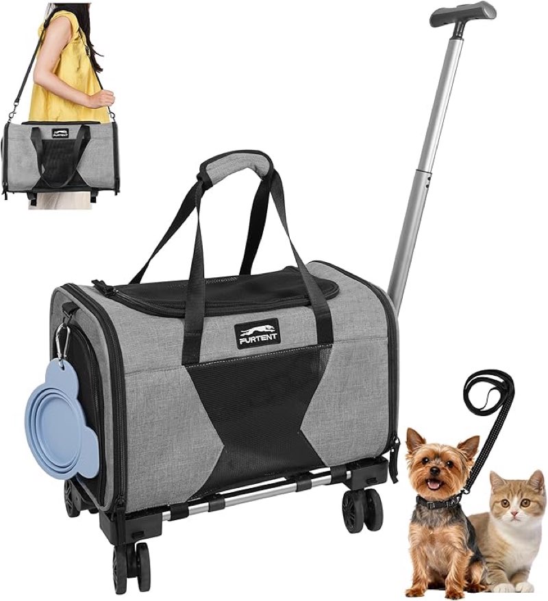 airline approved cat carrier with wheels, airline cat carriers in cabin up to 13lbs, rolling soft-sided travel bag for small cats and dogs with upgraded wheels and pet bowl 16.5 * 11 * 10.2in, grey (color may vary ours is blue)