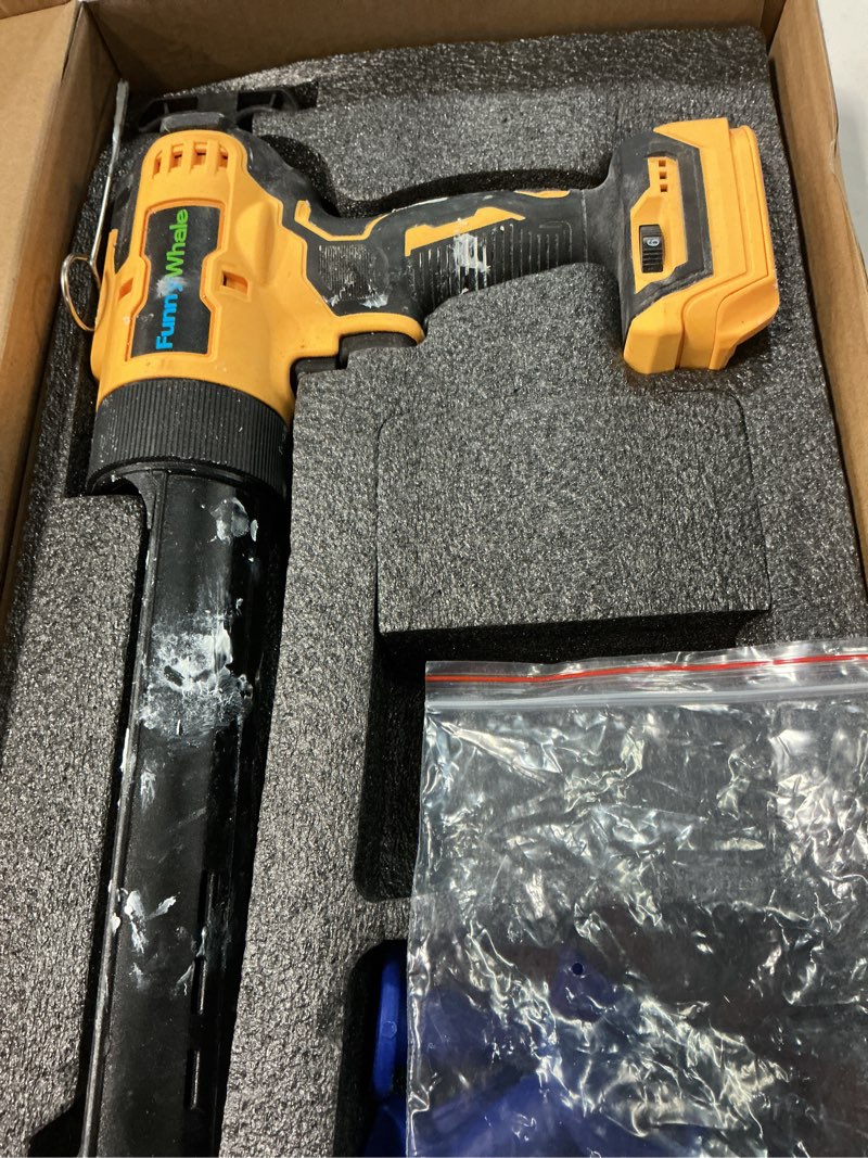 Condition photo showing As Is for cordless caulking gun compatible with dewalt 20v max battery(no battery)10 oz electric caulking gun with anti-drip,auto retract,led light,6 speed for filling, sealing, repair