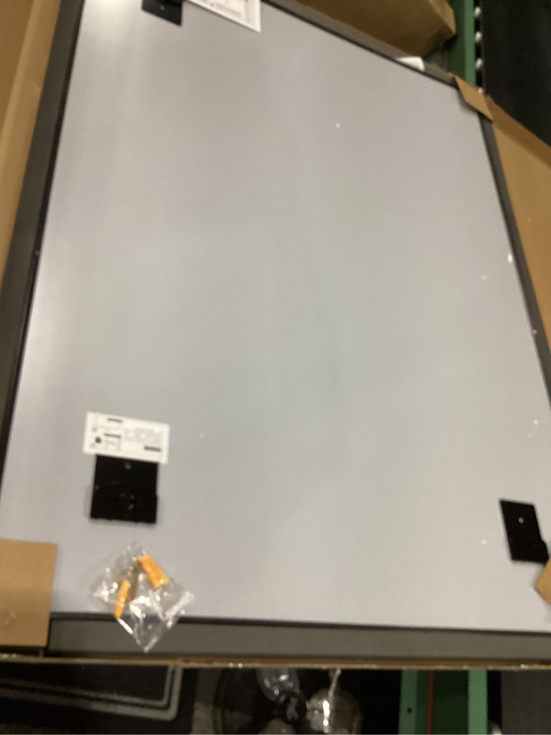 Condition photo showing New/Like New for 48x36 inch black metal framed bathroom mirror for wall, matte black vanity mirror farmhouse, large rounded rectangle mirror, anti-rust, tempered glass, hangs horizontally or vertically black 36"l x 48"w