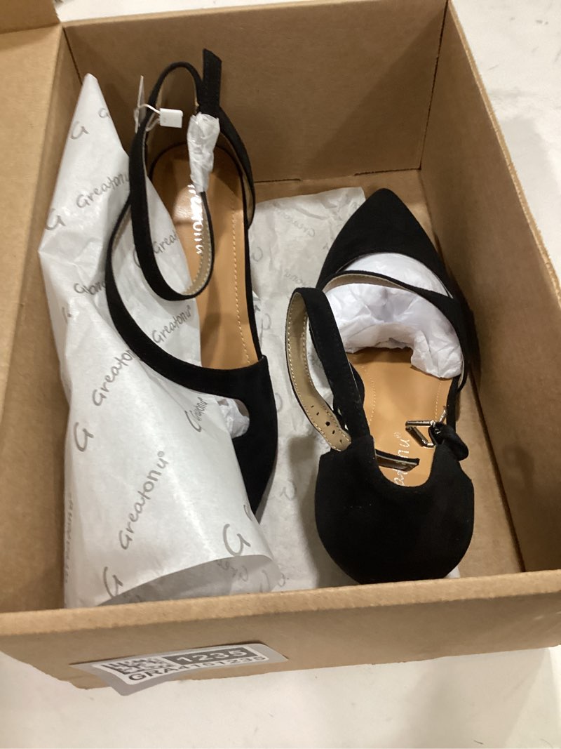 Condition photo showing Good Condition for greatonu women's low heeled closed pointed toe pumps kitten heel cross strap wedding bridal party office dress shoes 11 black-2