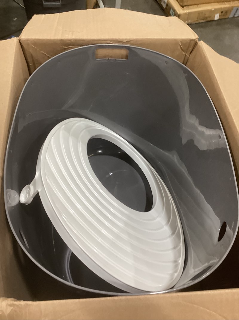 Condition photo showing As Is for iris usa cat litter box large top entry with lid enclosed covered hooded design litter catching scatter shield pan dog proof pet proof scoop included odor control for cats kittens dark gray/white top entry white/gray