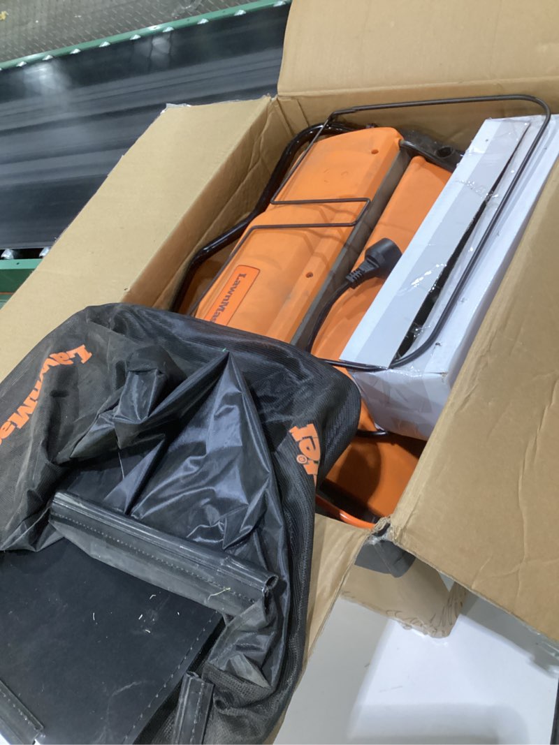 Condition photo showing As Is for (used, not tested)lawnmaster gvb1316 electric 16” 13 amp dethatcher and scarifier with 12 gallon collection bag electric 16-inch