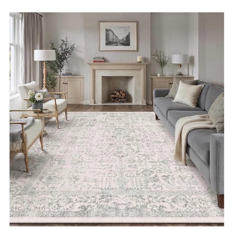 Gray Area Rug 8x10 Machine Washable Large Vintage Living Room Distressed Non Slip Carpet Traditional Indoor Bedroom Grey Retro Floral Accent Throw Rug for Office Kitchen Dining Room