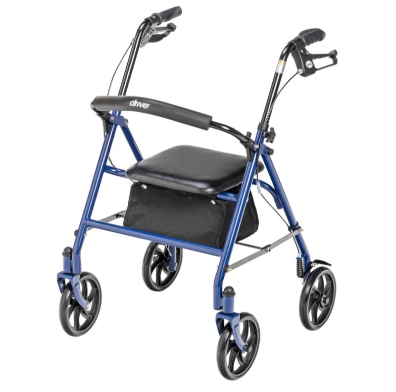 drive medical rollator walker with seat - stable mobility support - height adjustable - durable steel frame construction - smooth 7.5" wheels - foldable - 350 lb limit - blue
