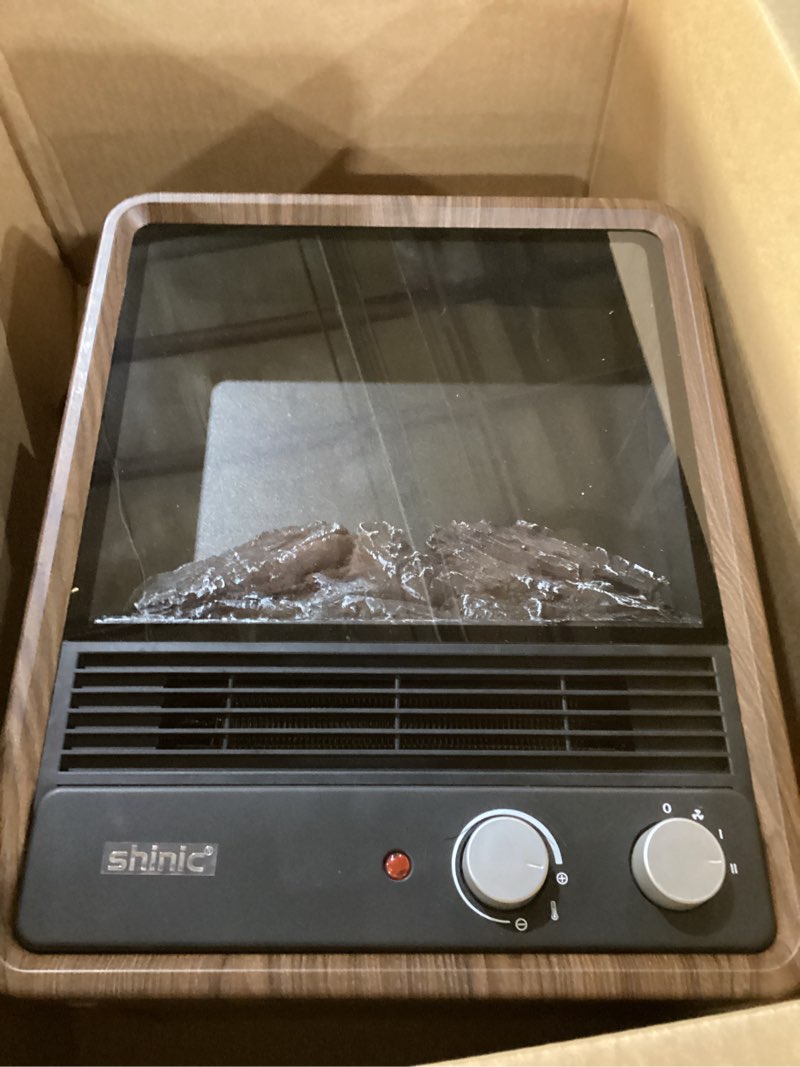 Condition photo showing New/Like New for Shinic Electric Fireplace Heaters for Indoor Use,1500W Space Heater with Crackling Sound & 3D Realistic Flame, Safety Protection, Mini Portable Fireplace Heater for Home Christmas Decoration, Walnut Walnut 11.8" x 5.9"× 14.6"