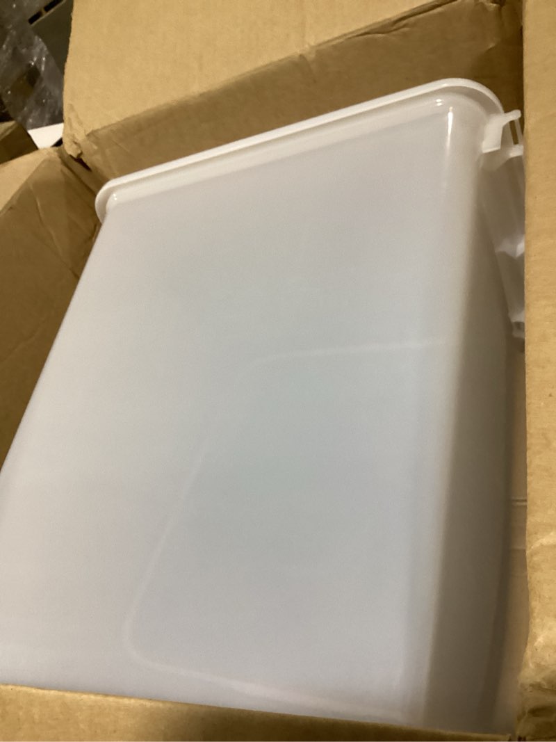 Condition photo showing As Is for iris usa airtight dog food storage container, up to 54 lbs, attachable wheels, for dog cat bird and other pet food storage bin, keep fresh, translucent body, easy mobility, black 54 lbs black
