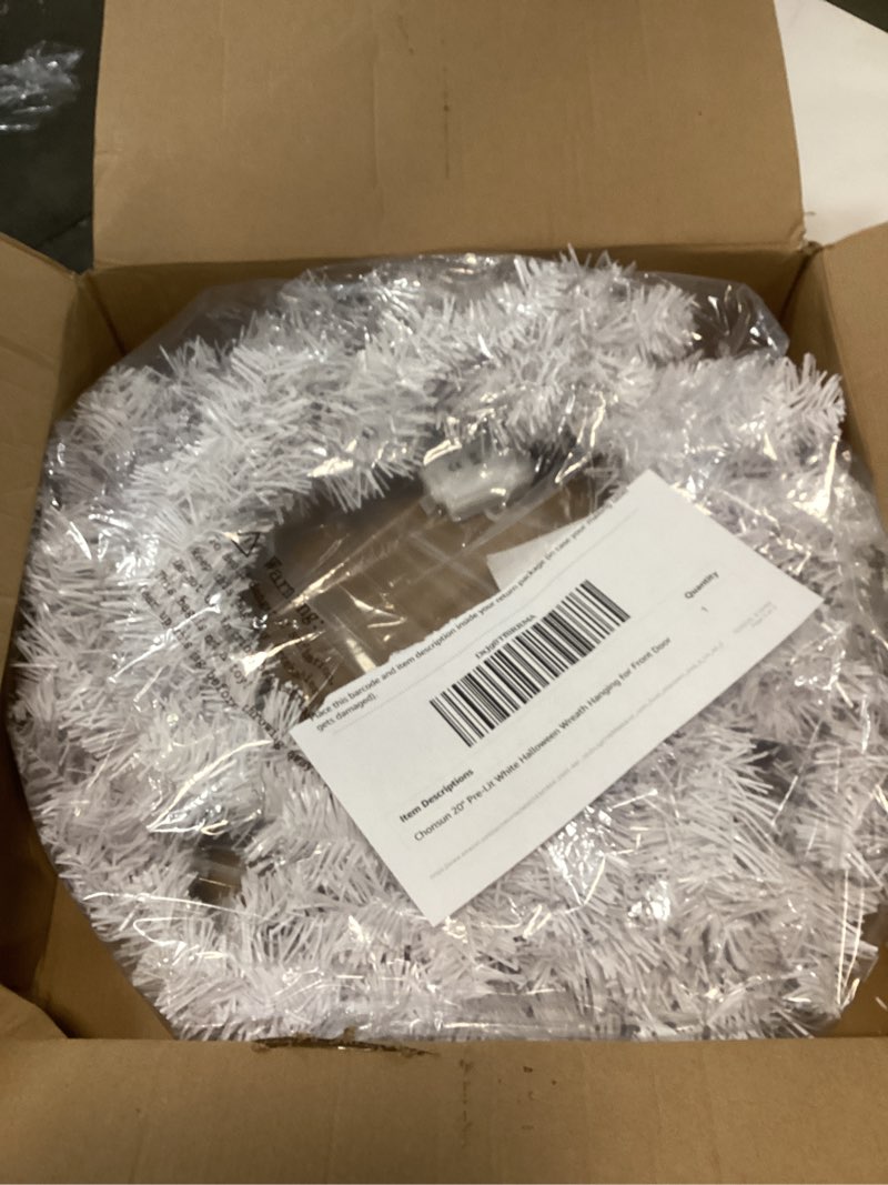 Condition photo showing Good Condition for 20" Pre-Lit White Halloween Wreath Hanging for Front Door Christmas Wreaths Large Xmas Wreaths with LED Lights for Indoor Outdoor Party Christmas Decorations
