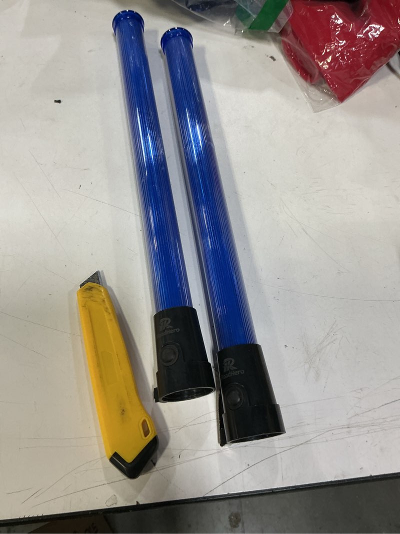 Condition photo showing As Is for RoadHero 2 Pack 21 Inch Traffic Wands, Blue Led Traffic Control Baton, Night Safety Light Wand with 2 Flashing Modes, Air Marshaling Signal Wand with Side Clip for Parking Lot Blue 2 Pack