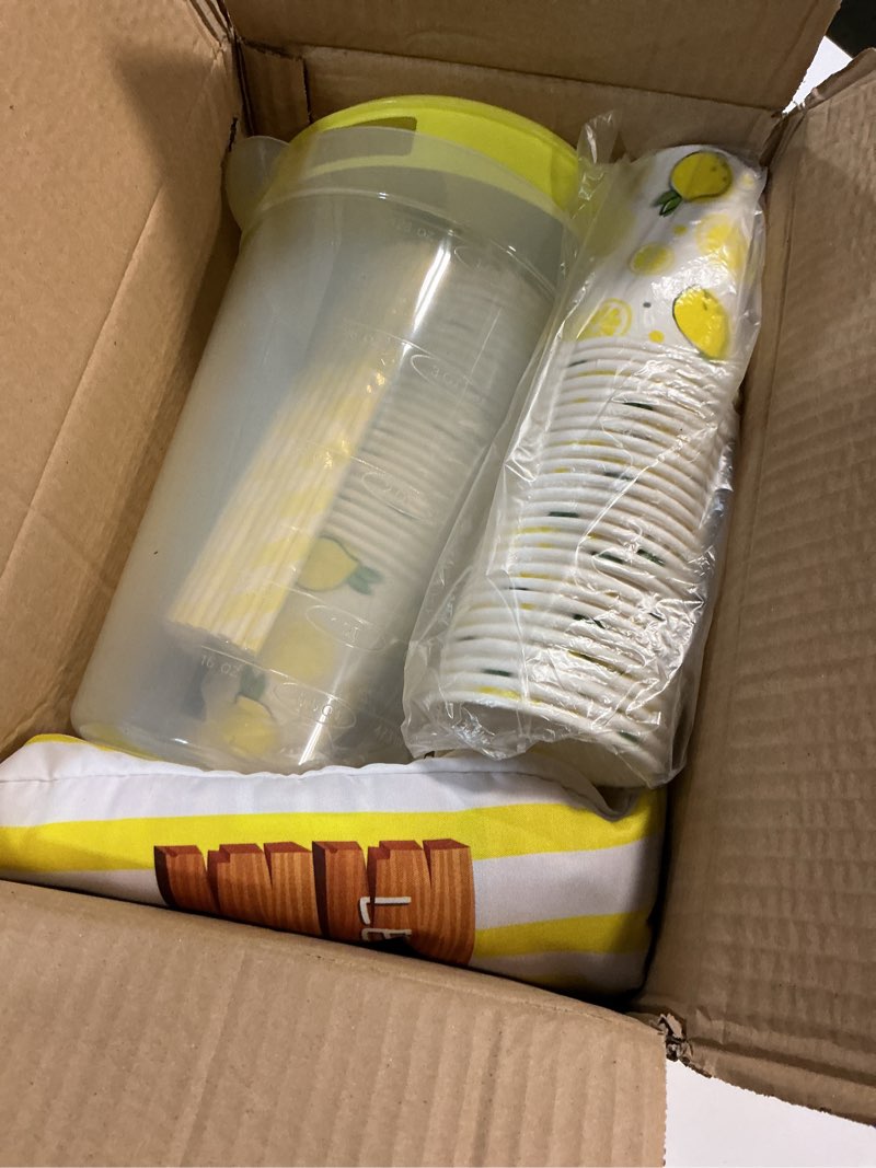 Condition photo showing Good Condition for Upper Midland Products Lemonade Stand for Supplies | Lemonade Stand Table Cover | 50 Lemonade Cups Lids Straws and Lemonade Pitcher - Lemonade Stand For Kids (Yellow)