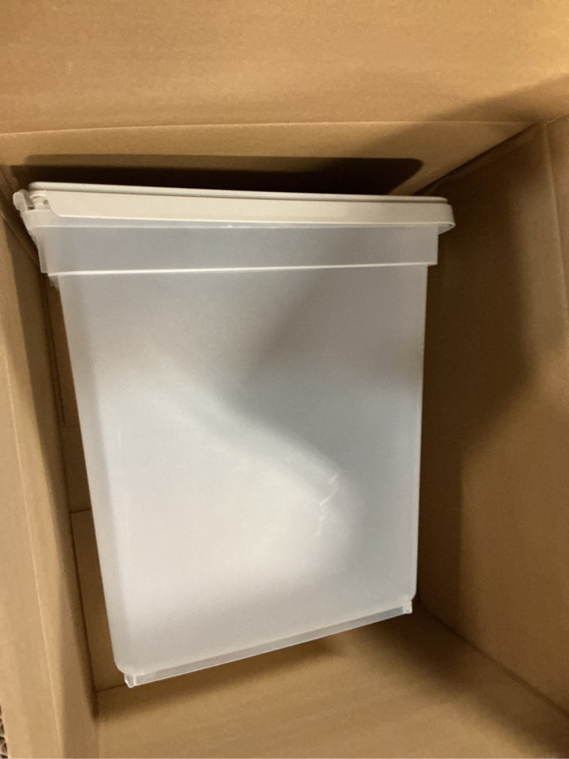 Condition photo showing As Is for IRIS USA Airtight Dog Food Storage Container, WeatherPro, Up to 50 lbs, Removable Wheels, for Dog Cat Bird and Other Pet Food Storage Bin, Keep Fresh, Translucent Body, Made in USA, Clear/Gray 50 lbs Clear/Gray