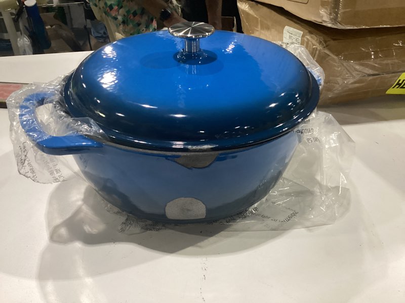 Condition photo showing As Is for damaged enameled cast iron dutch oven - wildone 6qt pot with lid & cotton potholders - oven safe enamel cookware for bread baking, braising, stews, roasting, red