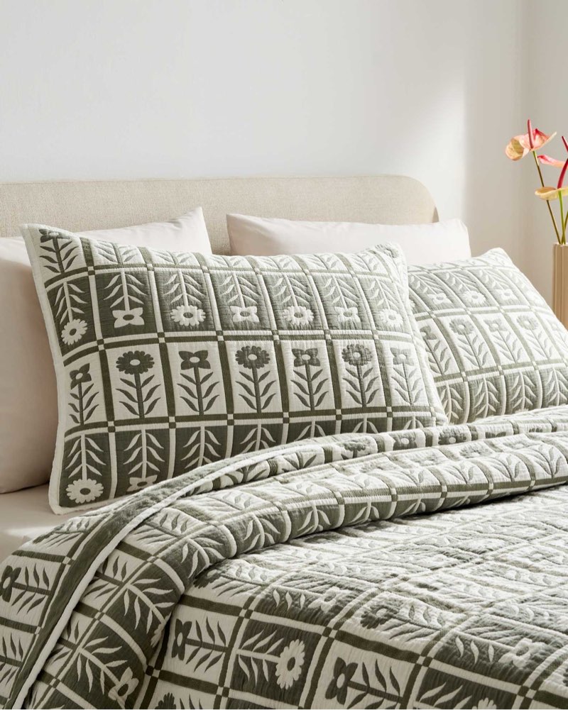 quince organic cotton jacquard floral sham set king dried sage