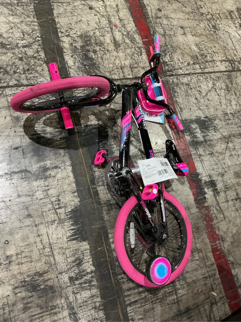 Condition photo showing As Is for incomplete. missing parts. kent bicycles sparkles girls' 18\" kids bicycle, black and pink