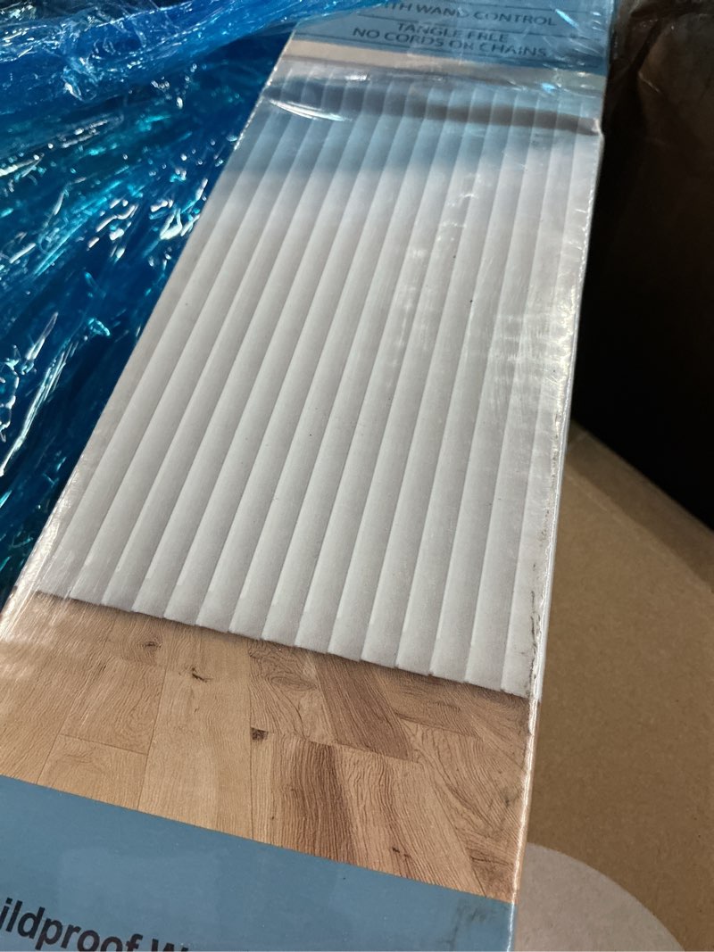 Condition photo showing New/Like New for vertical hard window patio blinds - white, 84" l x 78" w plain & 3-1/2-inch vane - easy installation for all patio doors, hardware included - aluminum track for durability, anti-static slats