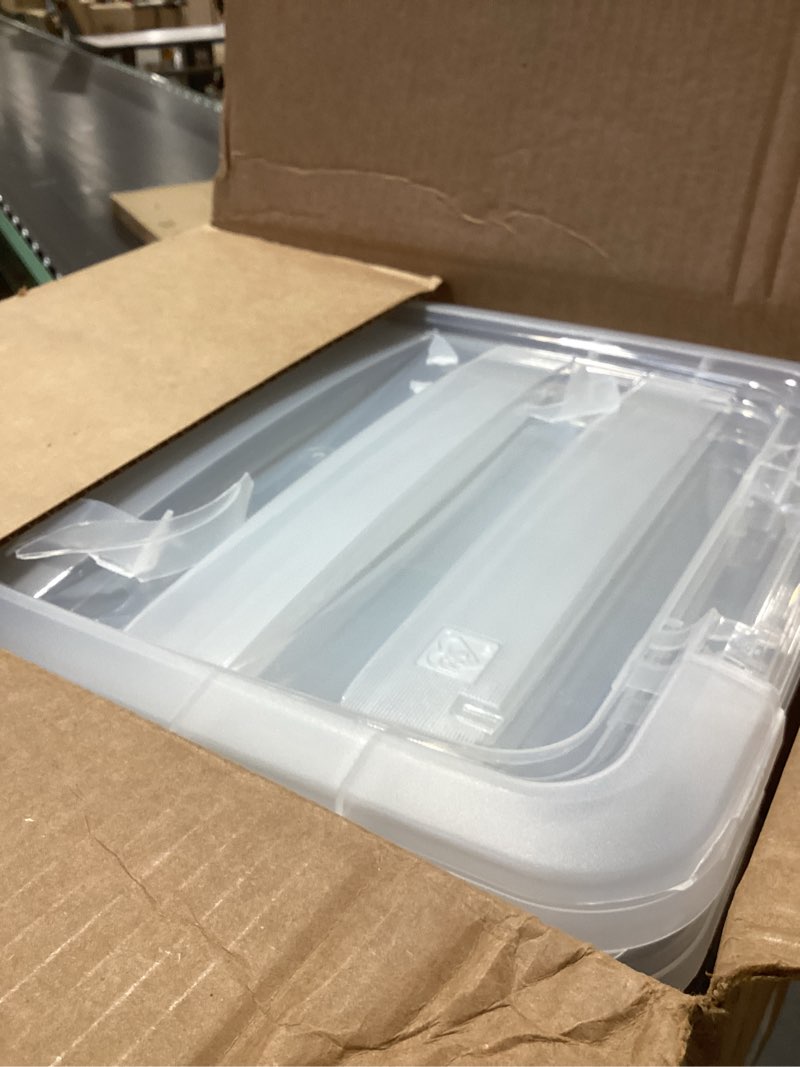 Condition photo showing As Is for iris usa 19 qt plastic storage box with lid and latches - 6 pack - bpa-free, see-through organizing solution, durable nestable stackable containers, secure pull handle - clear clear 19 qt 6 pack