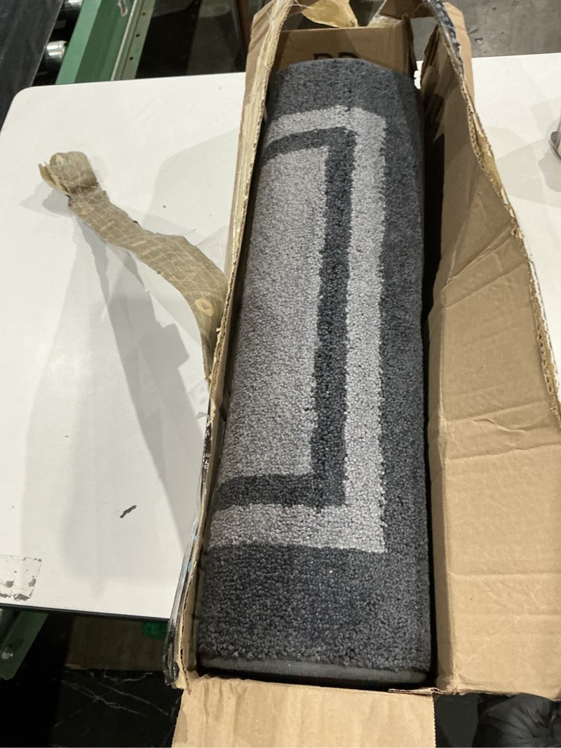 Condition photo showing As Is for kitchen rugs 24" x 84", non-slip machine washable kitchen runner rugs floor mats, absorbent comfort standing mats for kitchen, sink, laundry and hallway, rolled packaging, light grey & dark grey light grey & dark grey 24" x 84"