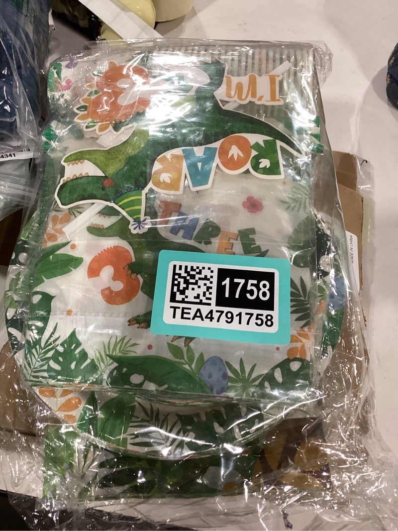 Condition photo showing New/Like New for 214pcs three rex birthday decorations tableware boy,dinosaur paper plates and napkins for birthday party,12 balloons,banner,tablecloth,cups,trex dinosaur theme 3 year old boy party supplies,serve 24 light green