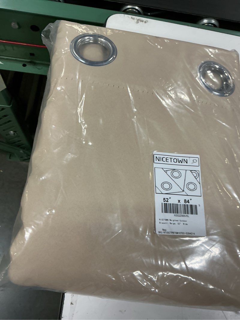 Condition photo showing New/Like New for nicetown weighted outdoor curtains for patio waterproof 84 inches long 2 panels, windproof drapes top & bottom grommets, thermal insulated blinds keep privacy for yard/porch, biscotti beige, 52\" wide biscotti beige 52\"w x 84\"l (pack of 2)