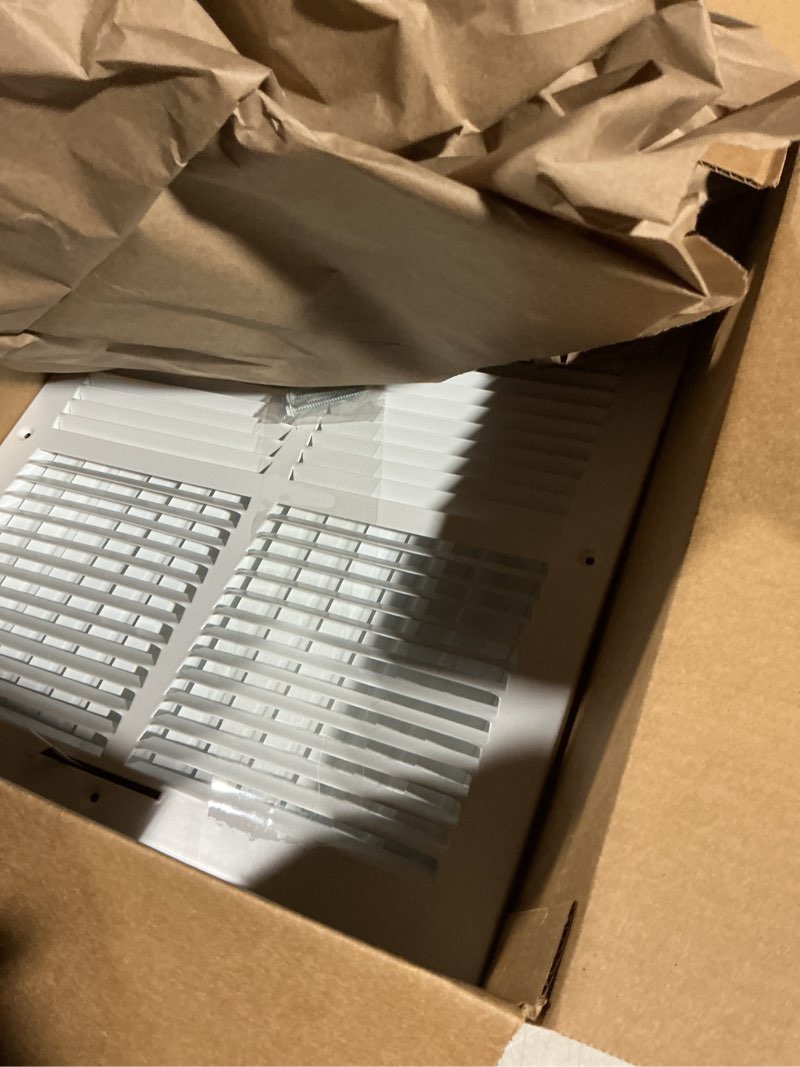 Condition photo showing As Is for 14x14 Vent Register [Duct Opening], Vent Covers for Home Ceiling, Two-Way Ventilation Register, Adjustable Solid Steel Wall Register Vent Cover (14"W x 14"H [Duct Opening])