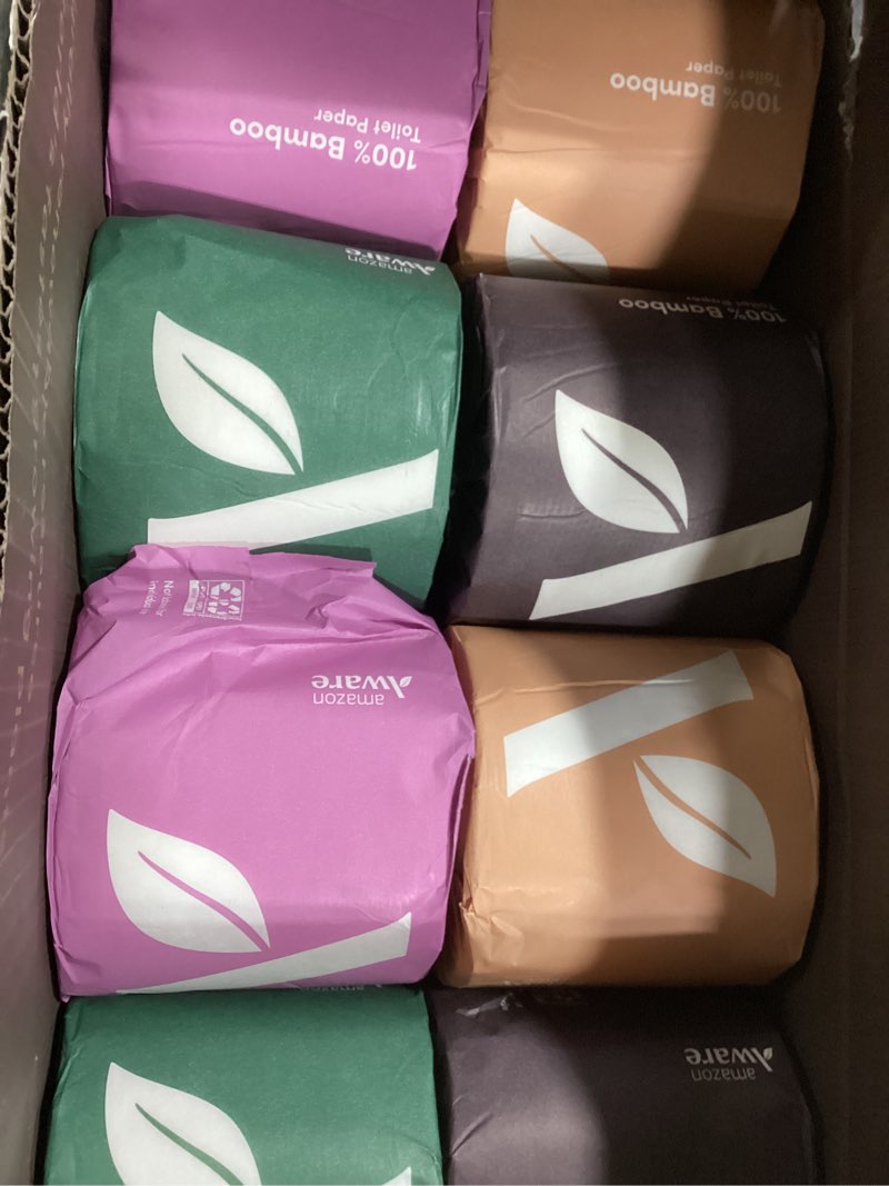 Condition photo showing New/Like New for Amazon Aware 100% Bamboo Paper Towels, 6 Rolls, 2 ply, FSC Certified, 150 Sheets, 900 Count, Plastic-Free, Multicolor 150 sheet (Pack of 6)