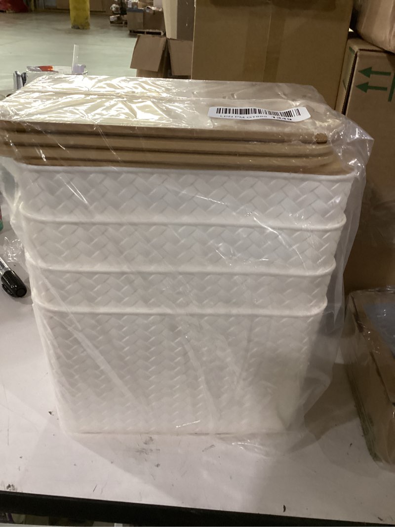 Condition photo showing As Is for ohmlove 4 packs storage bins with bamboo lids - plastic storage containers with lids stackable storage box?storages baskets for organizing desktop closet playroom classroom office,white