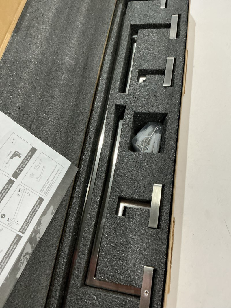 Condition photo showing Good Condition for 5-piece brushed nickel bathroom hardware set, wall mounted thickened 304 stainless steel towel holder set, featuring 23.6" towel bar, hand towel rack, toilet paper holder, and 2 towel hooks