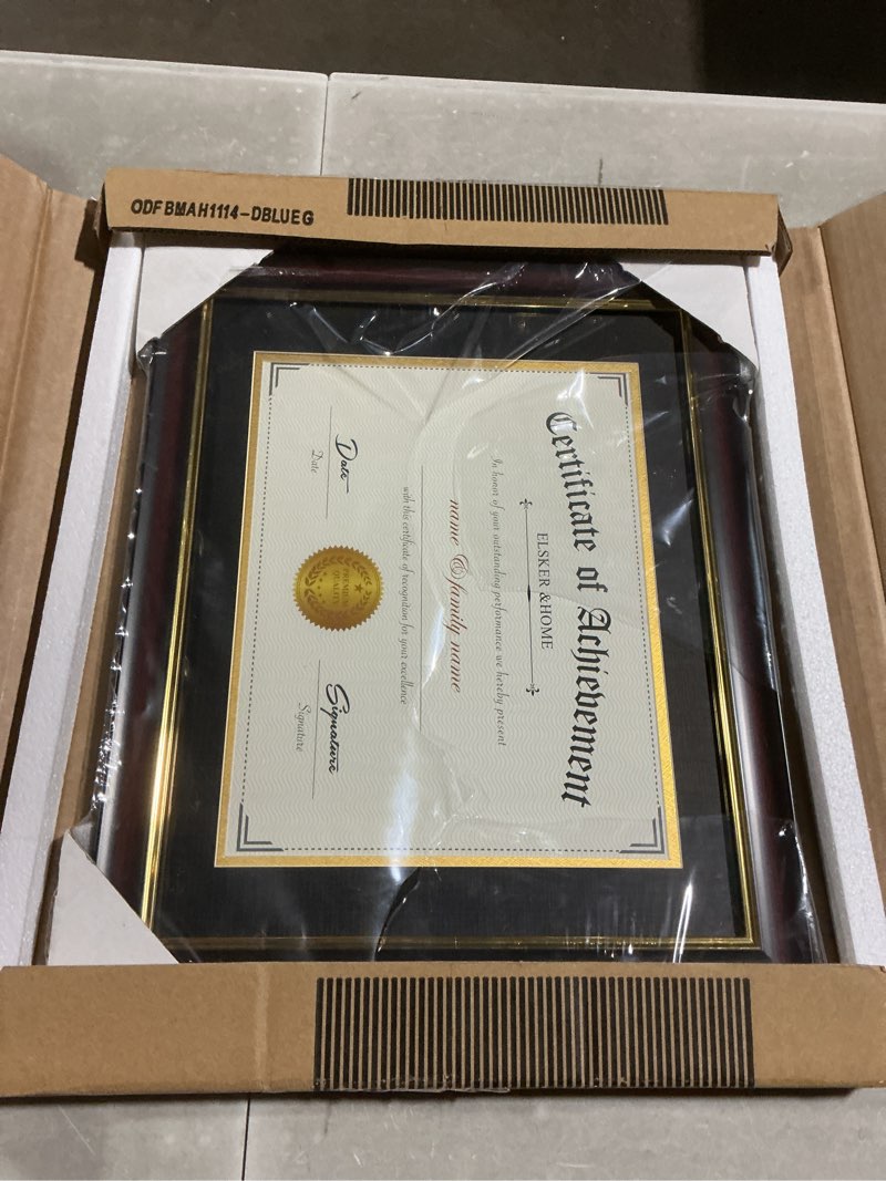 Condition photo showing Good Condition for americanflat 11x14 diploma frame - use as 8.5x11 certificate frame or display 11x14 photo without mat - legacy collection - beaded mahogany vintage frames - shatter-resistant glass - blue and gold mat mahogany (blue & gold mat) 11x14