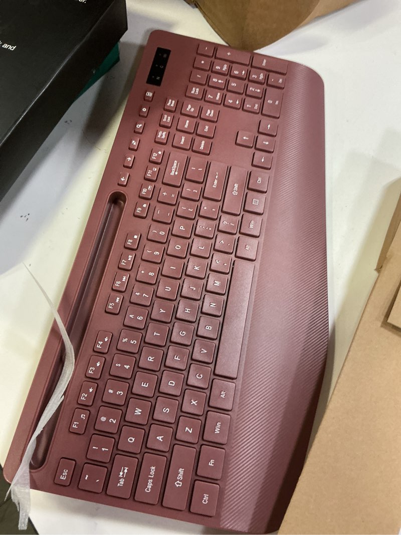 Condition photo showing Good Condition for wireless keyboard and mouse combo - full-sized ergonomic keyboard with wrist rest, phone holder, sleep mode, silent 2.4ghz cordless keyboard mouse combo for computer, laptop, pc, mac, windows -trueque 1 pack brick red
