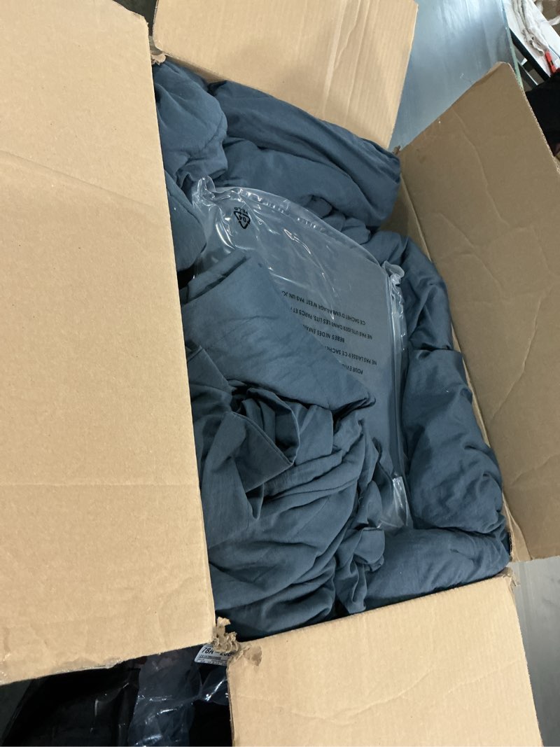 Condition photo showing As Is for wrensonge king size comforter set- 7 pieces blue grey bed in a bag king with fitted sheet, flat sheet, 2 pillow shams, and 2 pillowcases-warm king bedding set for all season blue grey king(102"x90")