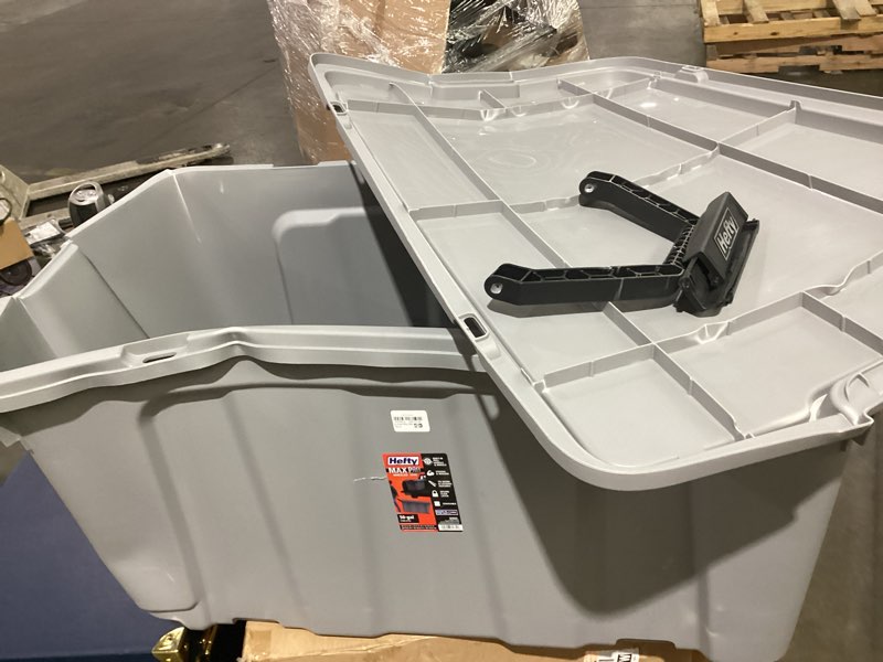 Condition photo showing As Is for damaged *hefty 50gal max pro storage tote alloy gray