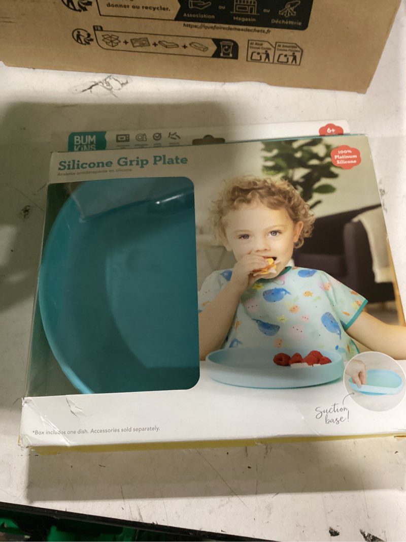 Condition photo showing New/Like New for bumkins toddler and baby suction plate, silicone grip plate for babies and kids, baby led weaning, children feeding supplies, non skid sticky bottom, platinum silicone, ages 6 months up, blue c4 blue-gp 1-pk