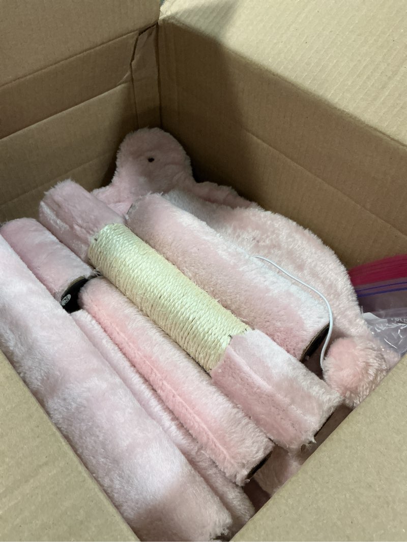 Condition photo showing As Is for syandlvy cat tree for indoor cats large adults, modern activity tower with scratching posts & board, condo with plush perch, climbing stand with cradle & hanging ball for play, pink