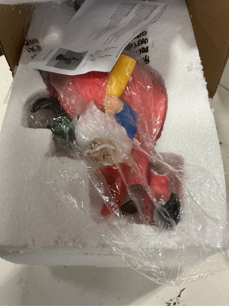 Condition photo showing As Is for candieslife middle finger gnome riding flamingo 13in, funny garden statue solar powered outdoor yard decor with led beer bottle & mushrooms, waterproof naughty lawn ornament gag gift for patio, porch flamingo & gnome