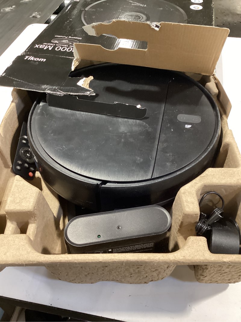 Condition photo showing As Is for tikom robot vacuum and mop combo, 5000pa robotic vacuum cleaner, 150 min max, app & remote control, ideal for hard floor, carpet, pet hair, self-charge(g8000 max)