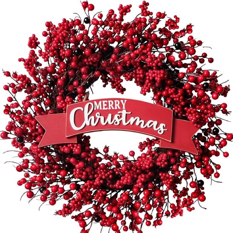 Egolot 22 Inch Christmas Red Berries Wreath for Front Door, Farmhouse Rustic Christmas Berry Wreath 